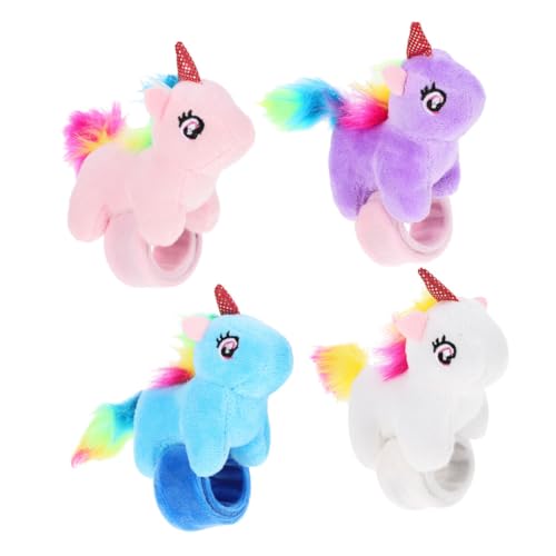 Kisangel 4 Stück Teiliges Plüsch Einhorn Slap Armband Kuscheliges Partyarmband für Kindergeburtstag Dekoratives Stofftier Armband mit Weicher Oberfläche Süßes Einhornmotiv Hautfreundlich von Kisangel