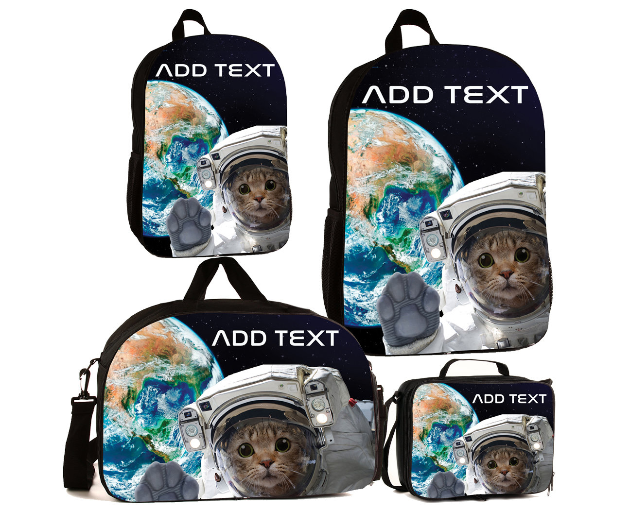 Personalisierte Vollfarb Kinder Rucksäcke/Lunch Bag Seesack - Space Astronaut Cat von KishKesh