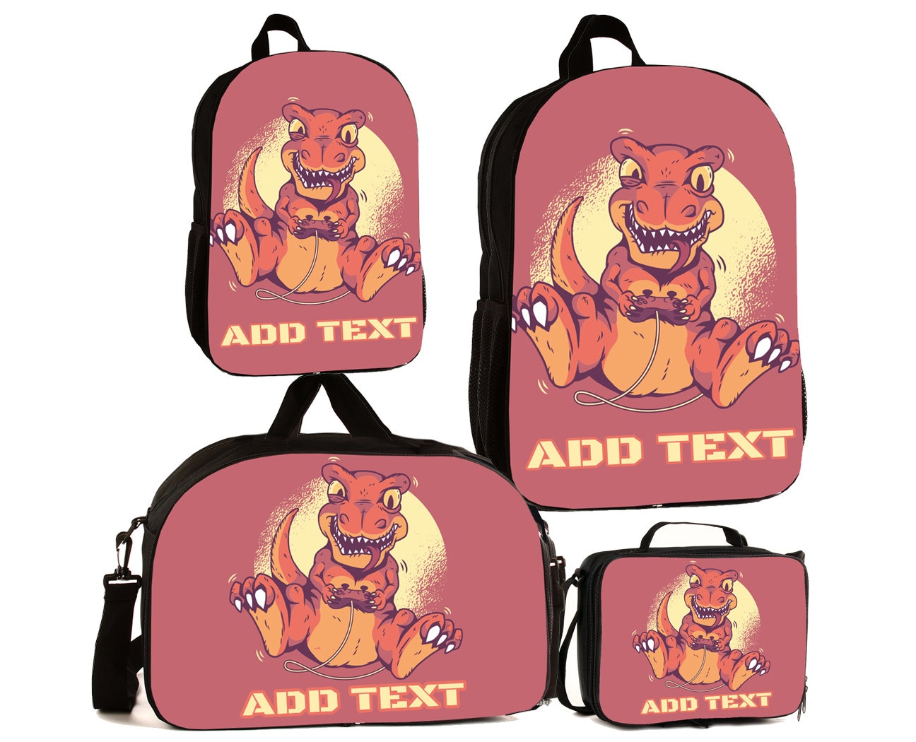 Personalisierte Vollfarb Kinder Rucksäcke/Lunch Bag Seesack - T-Rex Dino Gamer von KishKesh