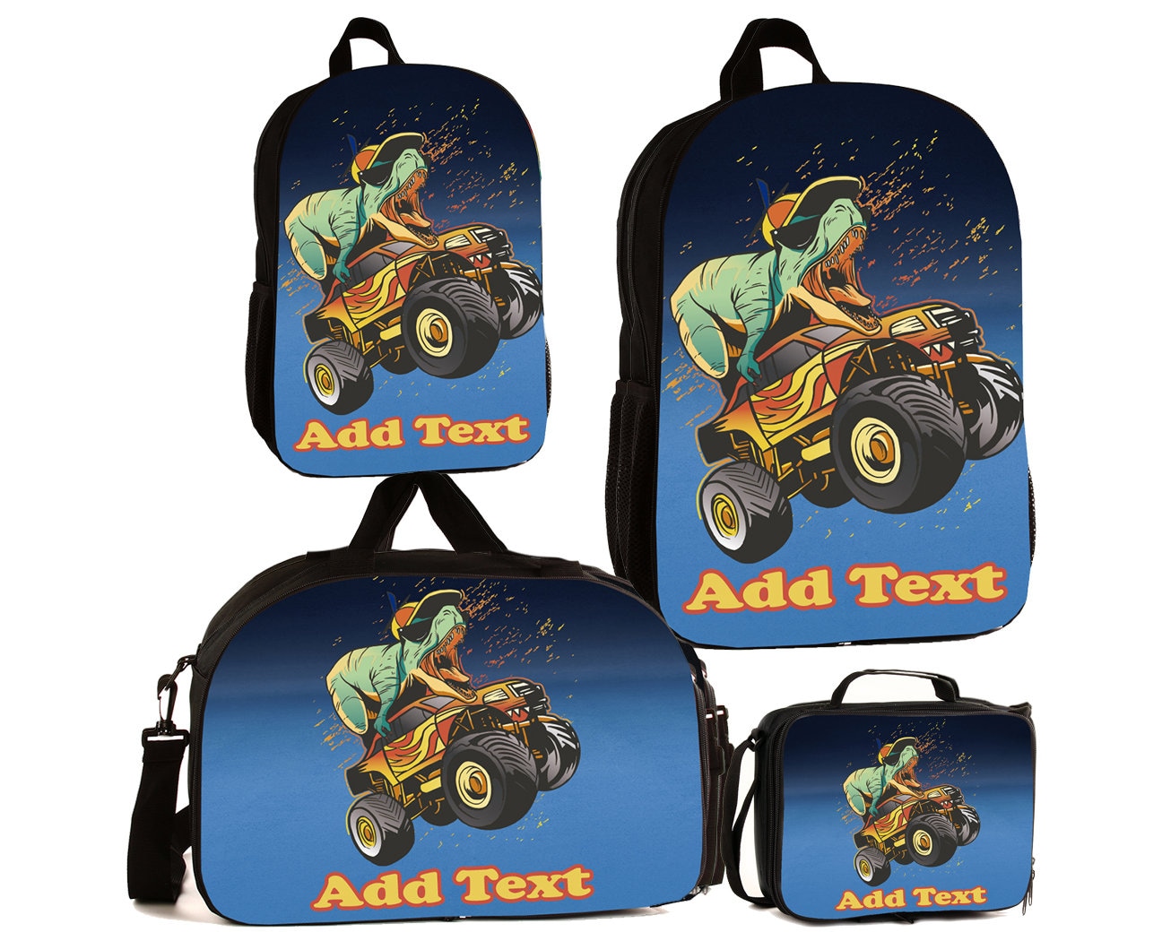 Personalisierte Vollfarb Kinder Rucksäcke/Lunch Bag Seesack - T-Rex Reitet Einen Monster Truck von KishKesh