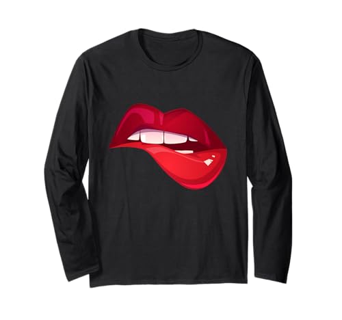 Kiss and Make Up Lip Bite Girl Valentine Kisses Roter Lippenstift Langarmshirt von Kiss And Make Up Designs