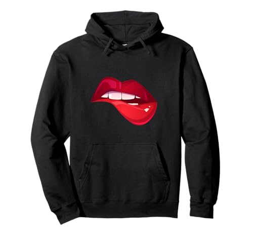 Kiss and Make Up Lip Bite Girl Valentine Kisses Roter Lippenstift Pullover Hoodie von Kiss And Make Up Designs