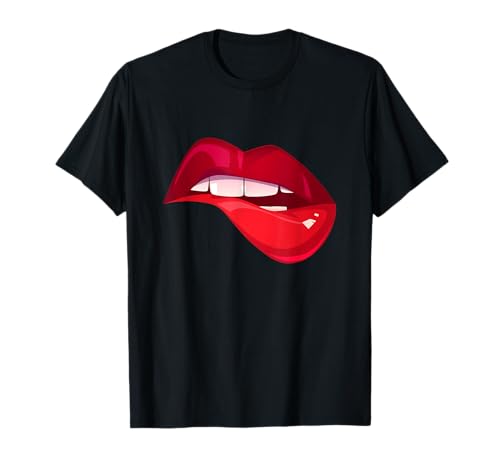 Kiss and Make Up Lip Bite Girl Valentine Kisses Roter Lippenstift T-Shirt von Kiss And Make Up Designs