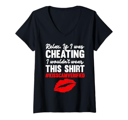 Damen Lustiger Cheaten Kiss Cam Verifizierte Rote Lippen T-Shirt mit V-Ausschnitt von Kiss Cam Humor Co