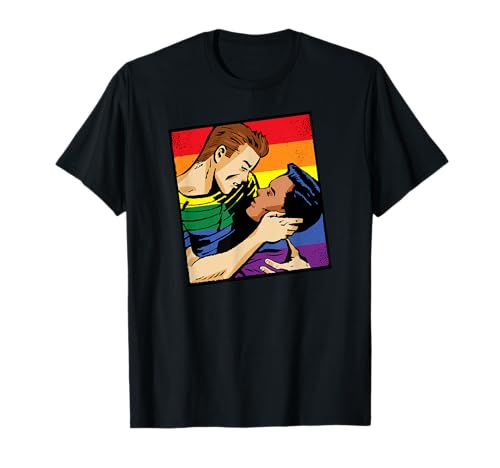 Gay Men Kiss & Embrace Rainbow Pride Flag Color Comic Panel T-Shirt Gay Men Kiss & Embrace Rainbow Pride Flag Color Comic Panel T-Shirt von Kiss Me Bro