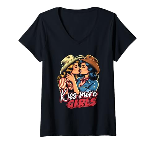 Damen Kiss More Girls Lesben Cowgirls Kissing LGBT Pride Adult T-Shirt mit V-Ausschnitt Damen Kiss More Girls Lesben Cowgirls Kissing LGBT Pride Adult T-Shirt mit V-Ausschnitt von Kiss More Girls Lesbians Cowgirls Kissing