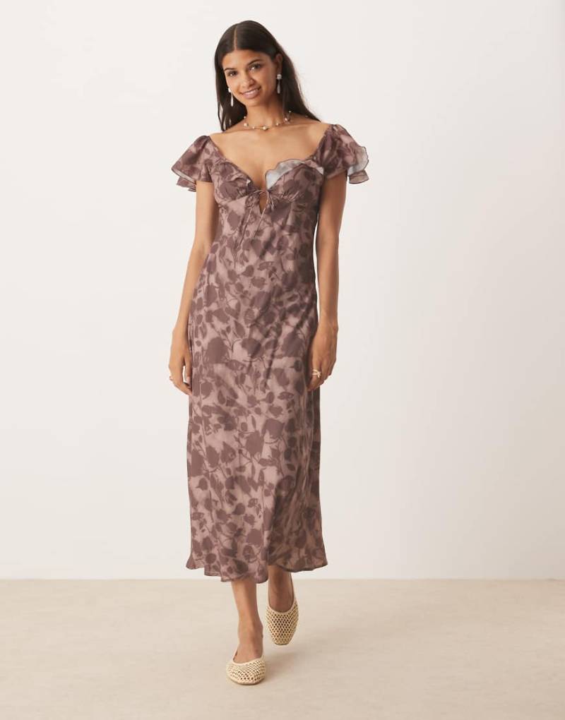 Kiss The Sky - Frilly - Midaxikleid in Espresso-Braun mit Flatterärmeln von Kiss The Sky
