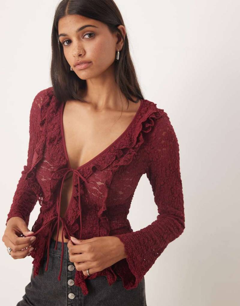 Kiss The Sky - Langärmliges Spitzenoberteil in Burgunderrot zum Binden von Kiss The Sky