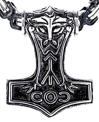 Kiss of Leather Großer Thorshammer Anhänger aus Edelstahl mit schwarz-silberner Königskette, 8,4 mm dick, 55-70 cm lang Ed.68A von Kiss of Leather