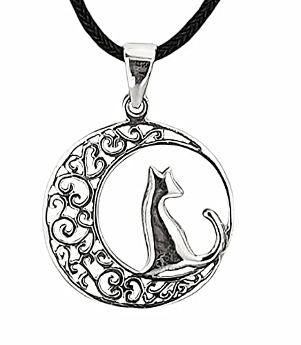 Kiss of Leather Katze im Mond Anhänger aus 925 Sterling Silber mit Baumwollband Si. 415 von Kiss of Leather