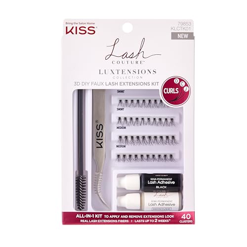 KISS Lash Couture LuXtensions Collection 3D DIY Wimpern Extensions Set, 40 Wimpernbüschel, Wimpernkleber, Wimpern Applikator, Wimpernbürstchen, semi-permanenter Wimpernkleber und Entferner von KISS