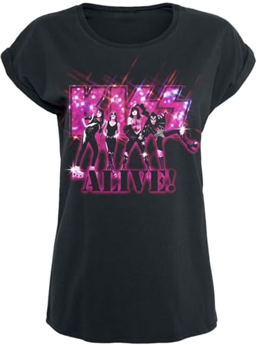 Kiss Alive Pink Glitter Frauen T-Shirt schwarz M 100% Baumwolle Band-Merch, Bands von Kiss