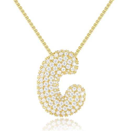 KissYan Blase Buchstaben Halskette Damen, Silber/Gold Ballon Initialen Kette Bling Zirkonia Buchstaben Anhänger A-Z Schmuck Geschenke für Frauen(Gold C) von KissYan