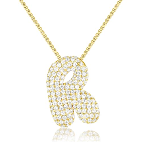 KissYan Blase Buchstaben Halskette Damen, Silber/Gold Ballon Initialen Kette Bling Zirkonia Buchstaben Anhänger A-Z Schmuck Geschenke für Frauen(Gold R) von KissYan