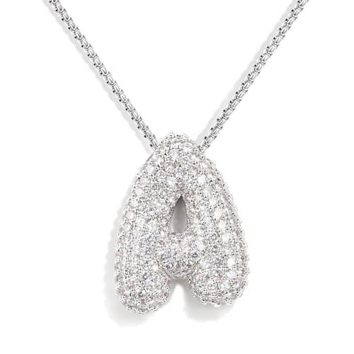 KissYan Blase Buchstaben Halskette Damen, Silber/Gold Ballon Initialen Kette Bling Zirkonia Buchstaben Anhänger A-Z Schmuck Geschenke für Frauen(Silber A) von KissYan