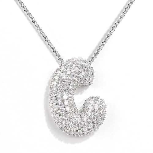 KissYan Blase Buchstaben Halskette Damen, Silber/Gold Ballon Initialen Kette Bling Zirkonia Buchstaben Anhänger A-Z Schmuck Geschenke für Frauen(Silber C) von KissYan