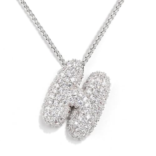 KissYan Blase Buchstaben Halskette Damen, Silber/Gold Ballon Initialen Kette Bling Zirkonia Buchstaben Anhänger A-Z Schmuck Geschenke für Frauen(Silber H) von KissYan