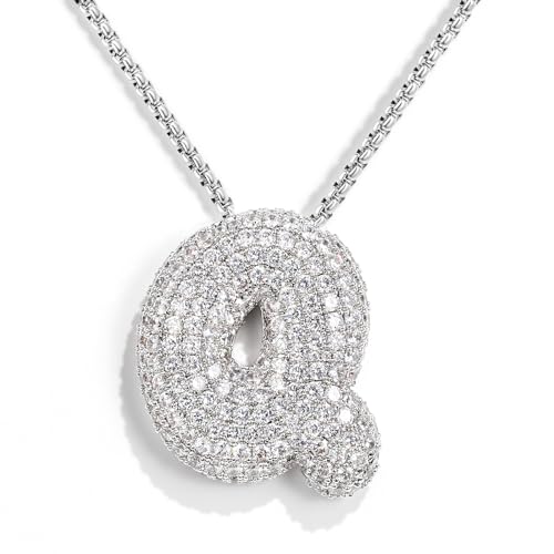 KissYan Blase Buchstaben Halskette Damen, Silber/Gold Ballon Initialen Kette Bling Zirkonia Buchstaben Anhänger A-Z Schmuck Geschenke für Frauen(Silber Q) von KissYan