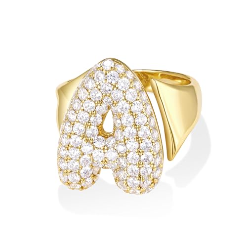 KissYan Gold Blase Buchstaben Ringe für Damen Frauen, 14K Vergoldet Buchstaben A-Z Ring Offen Verstellbare Ringe Personalisierte Mode Trendy Aussage Schmuck Geschenk(Gold A) von KissYan