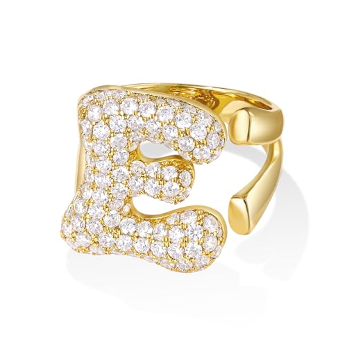 KissYan Gold Blase Buchstaben Ringe für Damen Frauen, 14K Vergoldet Buchstaben A-Z Ring Offen Verstellbare Ringe Personalisierte Mode Trendy Aussage Schmuck Geschenk(Gold E) von KissYan