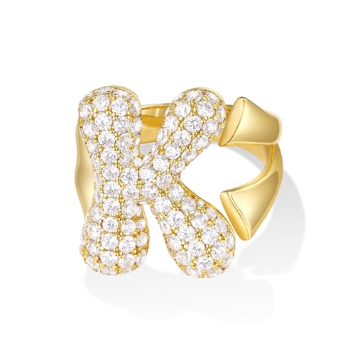 KissYan Gold Blase Buchstaben Ringe für Damen Frauen, 14K Vergoldet Buchstaben A-Z Ring Offen Verstellbare Ringe Personalisierte Mode Trendy Aussage Schmuck Geschenk(Gold K) von KissYan