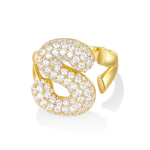 KissYan Gold Blase Buchstaben Ringe für Damen Frauen, 14K Vergoldet Buchstaben A-Z Ring Offen Verstellbare Ringe Personalisierte Mode Trendy Aussage Schmuck Geschenk(Gold S) von KissYan