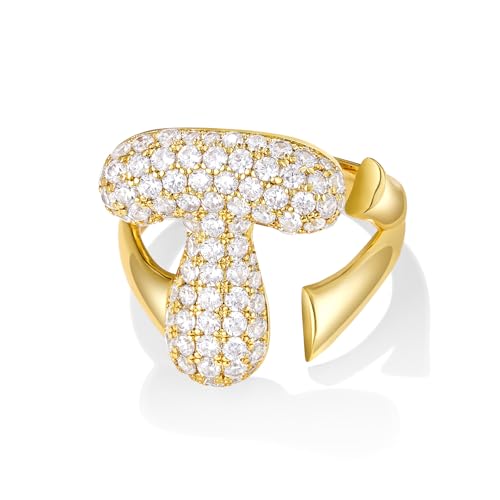 KissYan Gold Blase Buchstaben Ringe für Damen Frauen, 14K Vergoldet Buchstaben A-Z Ring Offen Verstellbare Ringe Personalisierte Mode Trendy Aussage Schmuck Geschenk(Gold T) von KissYan