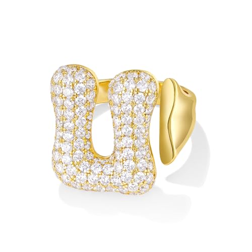KissYan Gold Blase Buchstaben Ringe für Damen Frauen, 14K Vergoldet Buchstaben A-Z Ring Offen Verstellbare Ringe Personalisierte Mode Trendy Aussage Schmuck Geschenk(Gold U) von KissYan