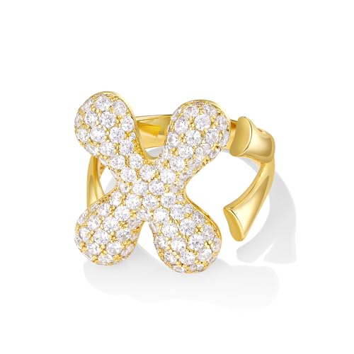 KissYan Gold Blase Buchstaben Ringe für Damen Frauen, 14K Vergoldet Buchstaben A-Z Ring Offen Verstellbare Ringe Personalisierte Mode Trendy Aussage Schmuck Geschenk(Gold X) von KissYan