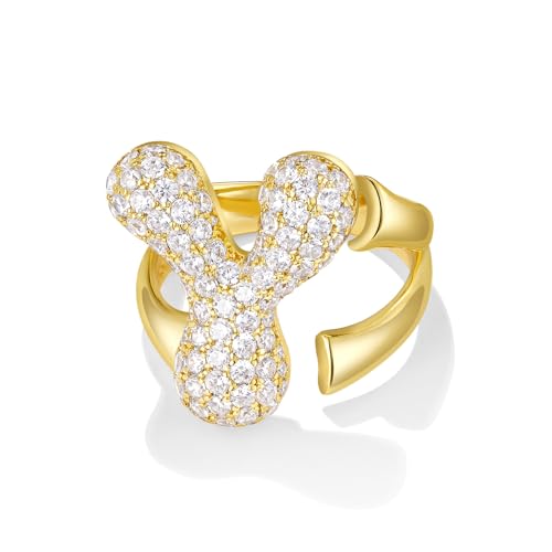KissYan Gold Blase Buchstaben Ringe für Damen Frauen, 14K Vergoldet Buchstaben A-Z Ring Offen Verstellbare Ringe Personalisierte Mode Trendy Aussage Schmuck Geschenk(Gold Y) von KissYan