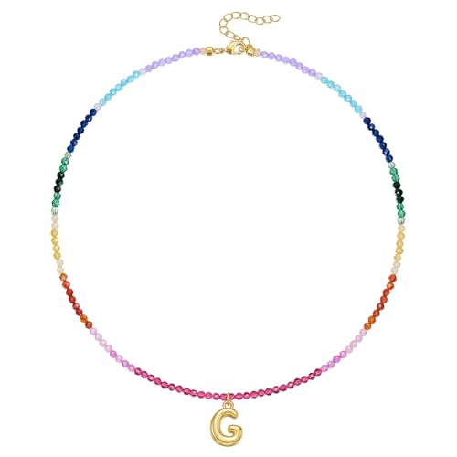 KissYan Bunte Perlenkette für Damen, 14K Gold Blase Buchstaben Halskette Boho Perlen Anfangs Anhänger Kette Regenbogen Choker Bunt Sommer Strand Schmuck(Gold G) von KissYan