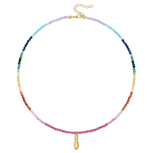 KissYan Bunte Perlenkette für Damen, 14K Gold Blase Buchstaben Halskette Boho Perlen Anfangs Anhänger Kette Regenbogen Choker Bunt Sommer Strand Schmuck(Gold I) von KissYan