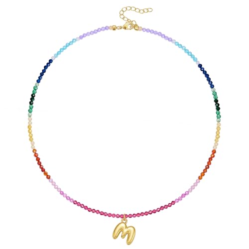 KissYan Bunte Perlenkette für Damen, 14K Gold Blase Buchstaben Halskette Boho Perlen Anfangs Anhänger Kette Regenbogen Choker Bunt Sommer Strand Schmuck(Gold M) von KissYan