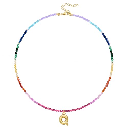 KissYan Bunte Perlenkette für Damen, 14K Gold Blase Buchstaben Halskette Boho Perlen Anfangs Anhänger Kette Regenbogen Choker Bunt Sommer Strand Schmuck(Gold Q) von KissYan