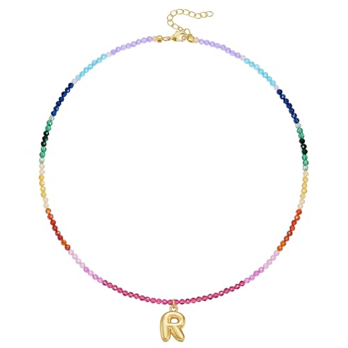KissYan Bunte Perlenkette für Damen, 14K Gold Blase Buchstaben Halskette Boho Perlen Anfangs Anhänger Kette Regenbogen Choker Bunt Sommer Strand Schmuck(Gold R) von KissYan