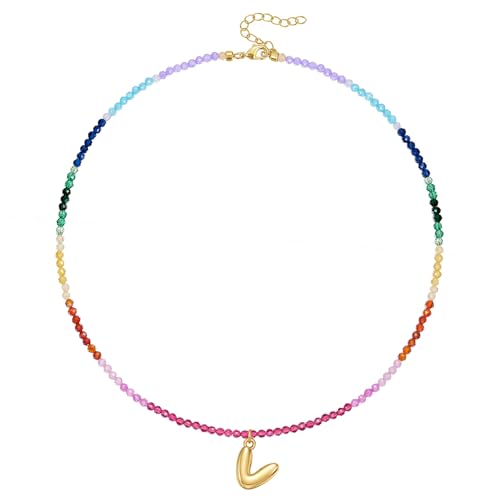 KissYan Bunte Perlenkette für Damen, 14K Gold Blase Buchstaben Halskette Boho Perlen Anfangs Anhänger Kette Regenbogen Choker Bunt Sommer Strand Schmuck(Gold V) von KissYan
