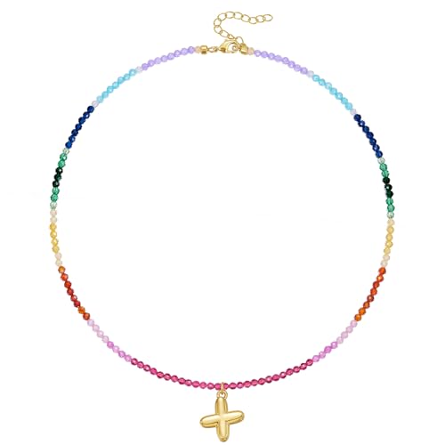 KissYan Bunte Perlenkette für Damen, 14K Gold Blase Buchstaben Halskette Boho Perlen Anfangs Anhänger Kette Regenbogen Choker Bunt Sommer Strand Schmuck(Gold X) von KissYan