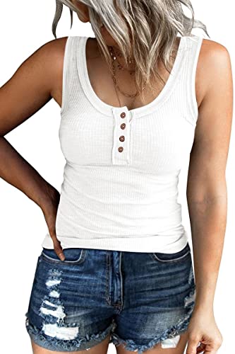 Kissfix Damen Tank Tops Sommer Casual Gerippt Ärmellos Basic Cami Top Slim Henley Button Down Blusen, T Weiß, Mittel von Kissfix