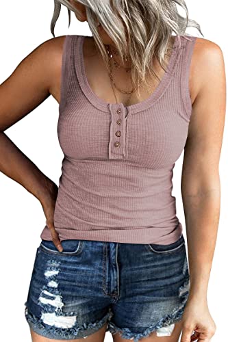 Kissfix Damen Tank Tops Sommer Casual Gerippt Ärmellos Basic Cami Top Slim Henley Button Down Blusen, Violett, Mittel von Kissfix