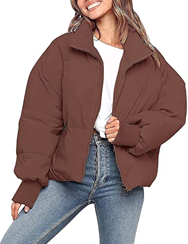 Kissonic Damen Cropped-Pufferjacke mit durchgehendem Reißverschluss, kurz, gesteppt, gepolstert, Daunenmantel, coffee, Medium von Kissonic