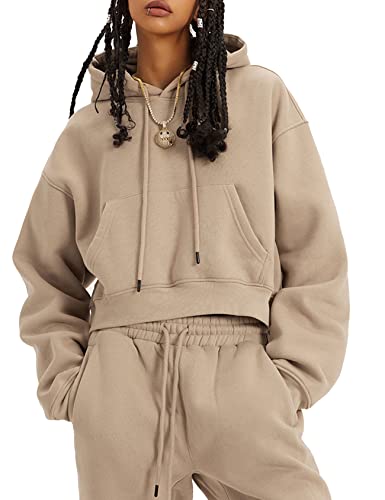 Kissonic Damen Fleece Jogger Sets 2 Stück Sweatsuits Outfits Crop Top Hoodies Jogger Pants, Khaki, Medium von Kissonic