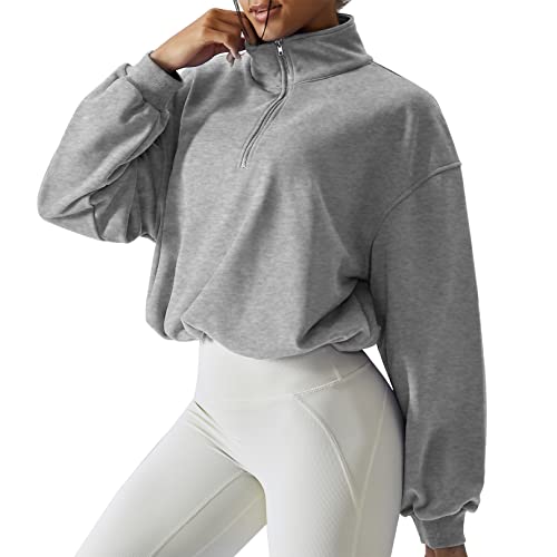 Kissonic Damen Half Zip Sweatshirt Langarm Reverskragen Kordelzug Pullover Workout Crop Tops, Lightgrey, M von Kissonic