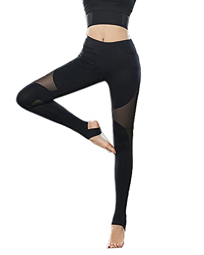 Kissprom Damen Sport-Leggings mit Steigbügel, elastisches Netz, nahtlos, extra lang, schwarz, Klein von Kissprom