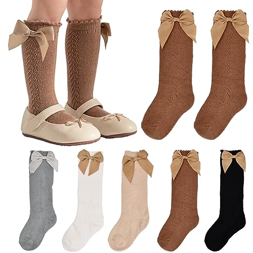 kissral 5 Paar Baby Mädchen Kniestrümpfe Kleinkind Kleid Socken Baby Schleife Strumpf Baumwolle Säuglingssocken Überkniestrümpfe für Kinder Weiche hautfreundliche (3-5 Jahre) von kissral