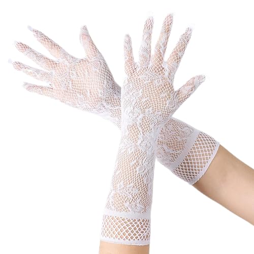 Kisstta Damen Weiße Handschuhe, Lange Spitze Lange Netz Handschuhe, Elbow to Wrist, Damen Hochzeit Fingerhandschuhe für Hochzeit Diner Party Tea Party Cosplay Oper Abend Party Kostüm Zubehör von Kisstta