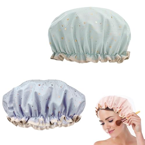 Kisstta Duschhaube 2 Stück, Wasserdichte Elastische Shower Cap, Dusch kappe, Duschhaube Damen, Doppels chicht Bad,Verstellbare Dusch kappen mit Kunststoff futter für Mädchen, Dusche, Salon von Kisstta