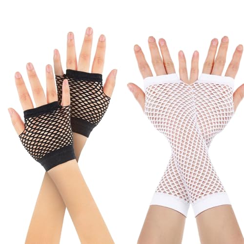 Kisstta 2 Paar Lange und Kurze Netzhandschuhe, Fingerlose Netzhandschuhe, Netz Mesh Handschuhe, Netzhandschuhe für Kostüm Zubehör Partyzubehör(Schwarz Und Weiß) von Kisstta