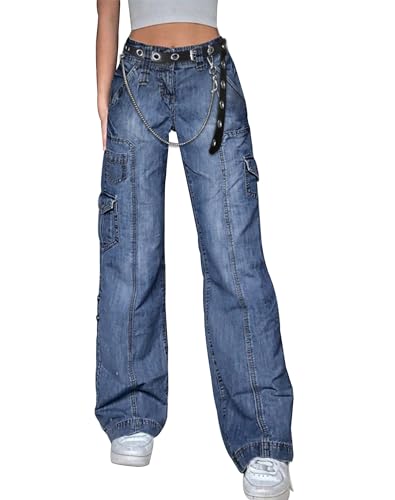 Baggy Jeans Alt Emo Cargo-Jeans für Damen, Y2K Kleidung für Teenager-Mädchen, Kette 02 Blau, Groß Baggy Jeans Alt Emo Cargo-Jeans für Damen, Y2K Kleidung für Teenager-Mädchen, Kette 02 Blau, Groß von Kisswow