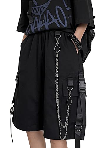 Kisswow Damen Cargo Shorts mit Kette Gothic Kleidung Harajuku Goth Hosen Multi-Pocket Punk Koreanische Kleidung für Frauen, 7 Schwarze Shorts, 4X-Groß von Kisswow