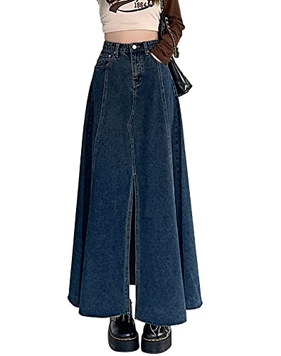 Kisswow Damen Casual Denim Rock Ausgefranster Saum Jeansrock Lange Röcke für Frauen, B-Split 01 blau, Mittel von Kisswow